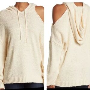 NWT Paige Ivory Cold Shoulder Knit Hoodie Sweater 100% Cotton Relaxed Fit XS